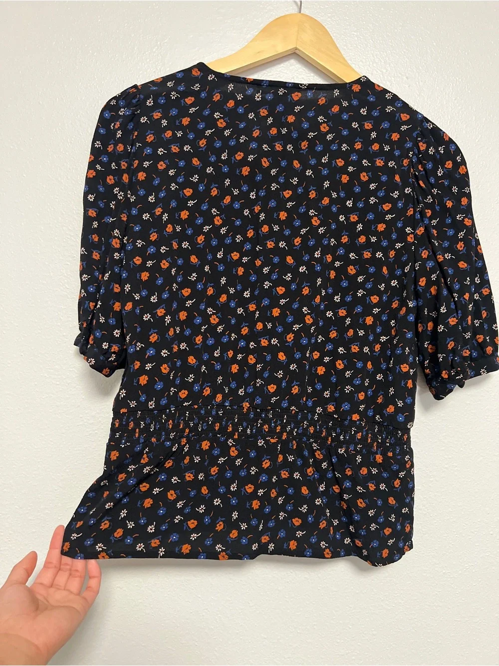 Madewell Flower Garden Floral Peplum Wrap Top Black Orange Blue Short Sleeve Sz4